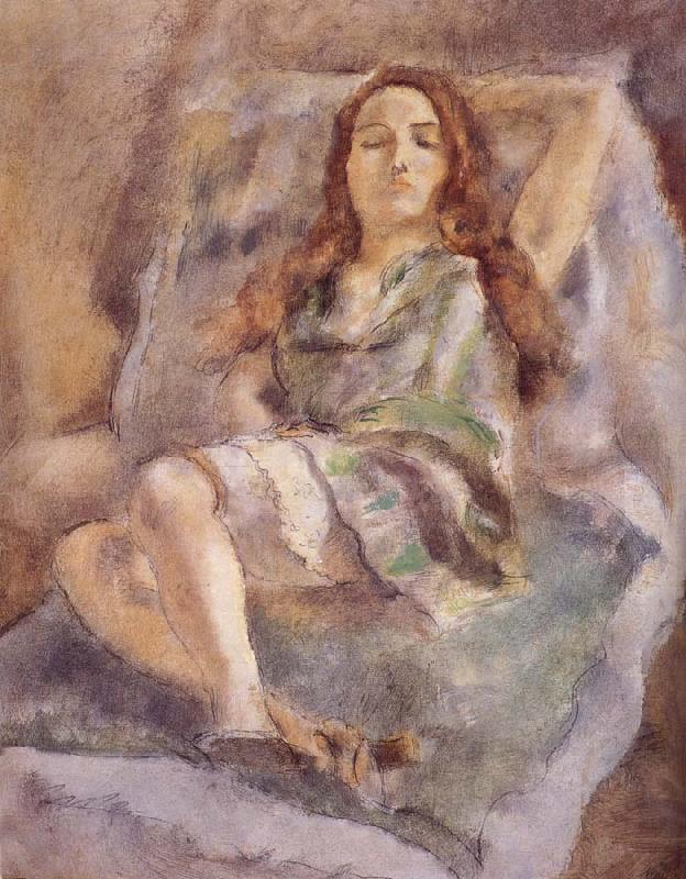 Jules Pascin The red hair girl wearing  green dress